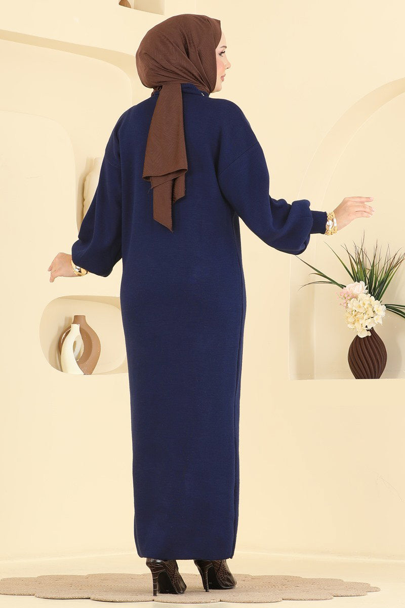 Long Turtleneck Knit Dress - Navy