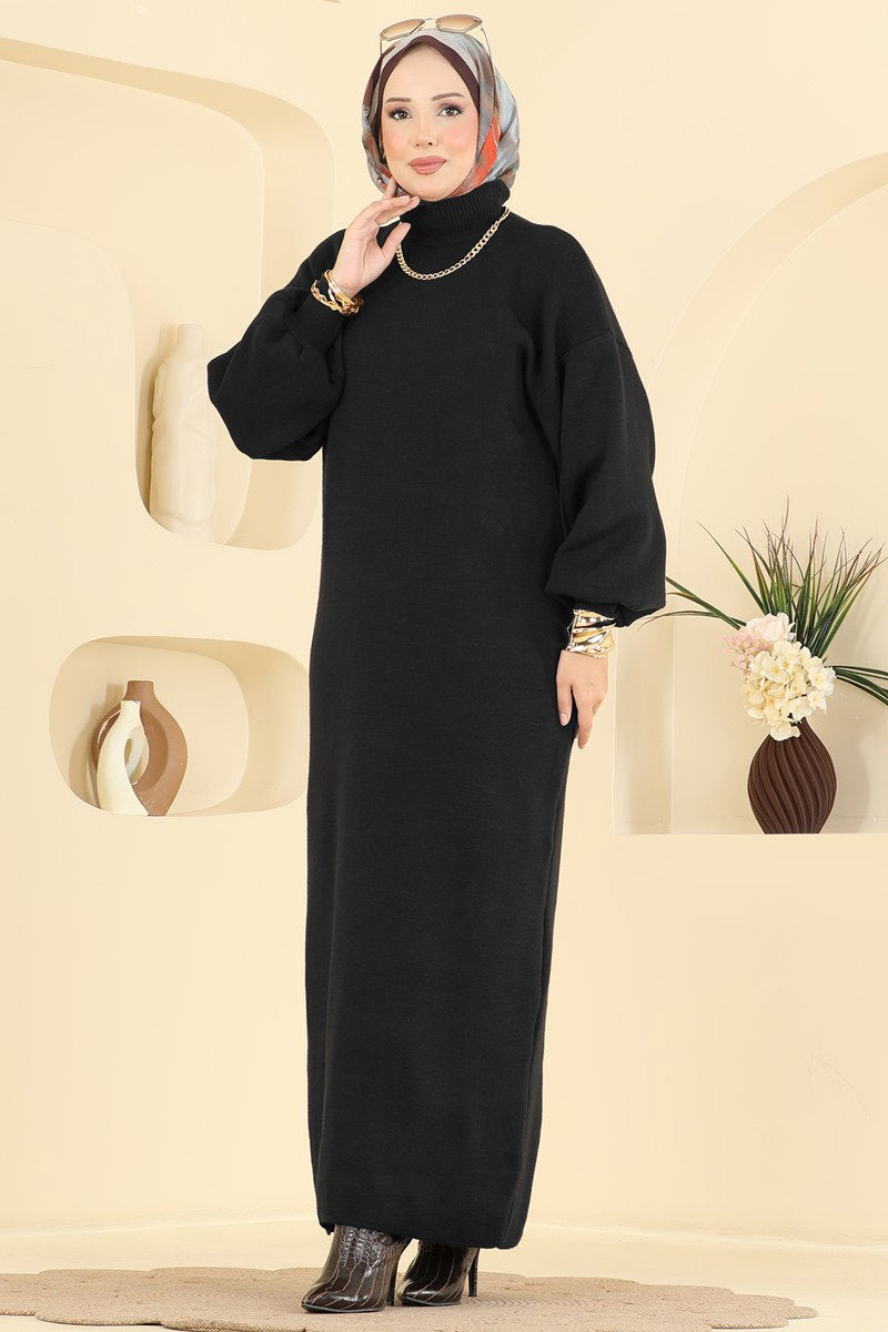Long Turtleneck Knit Dress - Black