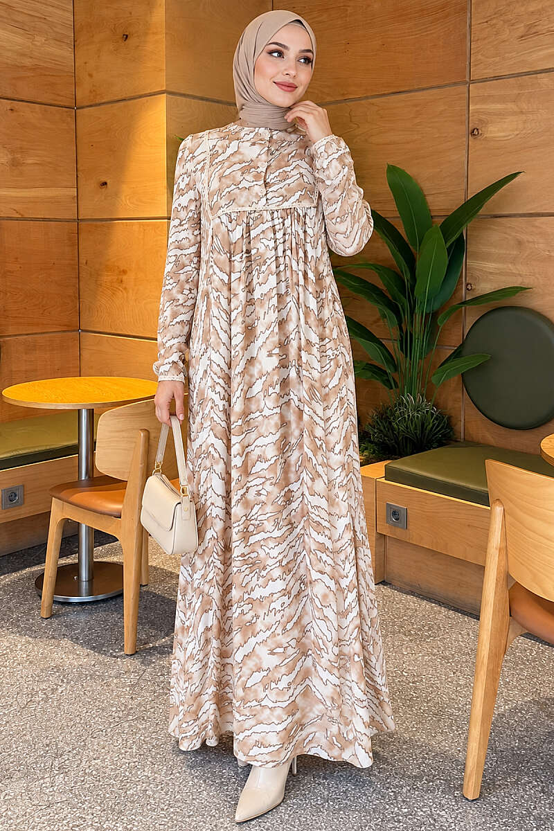 Lace-Bodice Dress with Batwing Sleeves - Beige