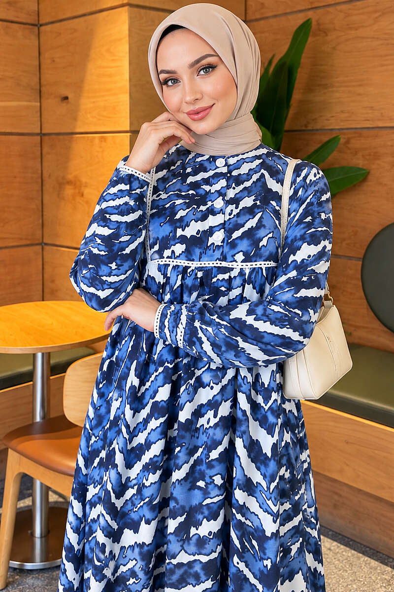 Lace-Bodice Dress with Batwing Sleeves - Navy