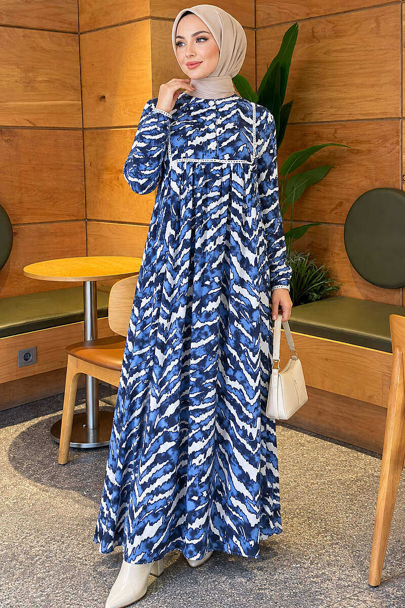 Lace-Bodice Dress with Batwing Sleeves - Navy