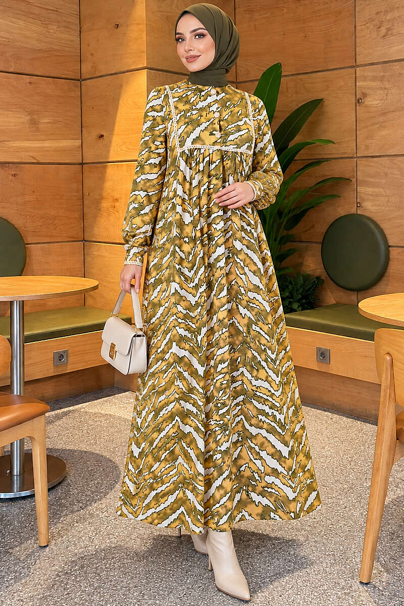 Lace-Bodice Dress with Batwing Sleeves - Olive
