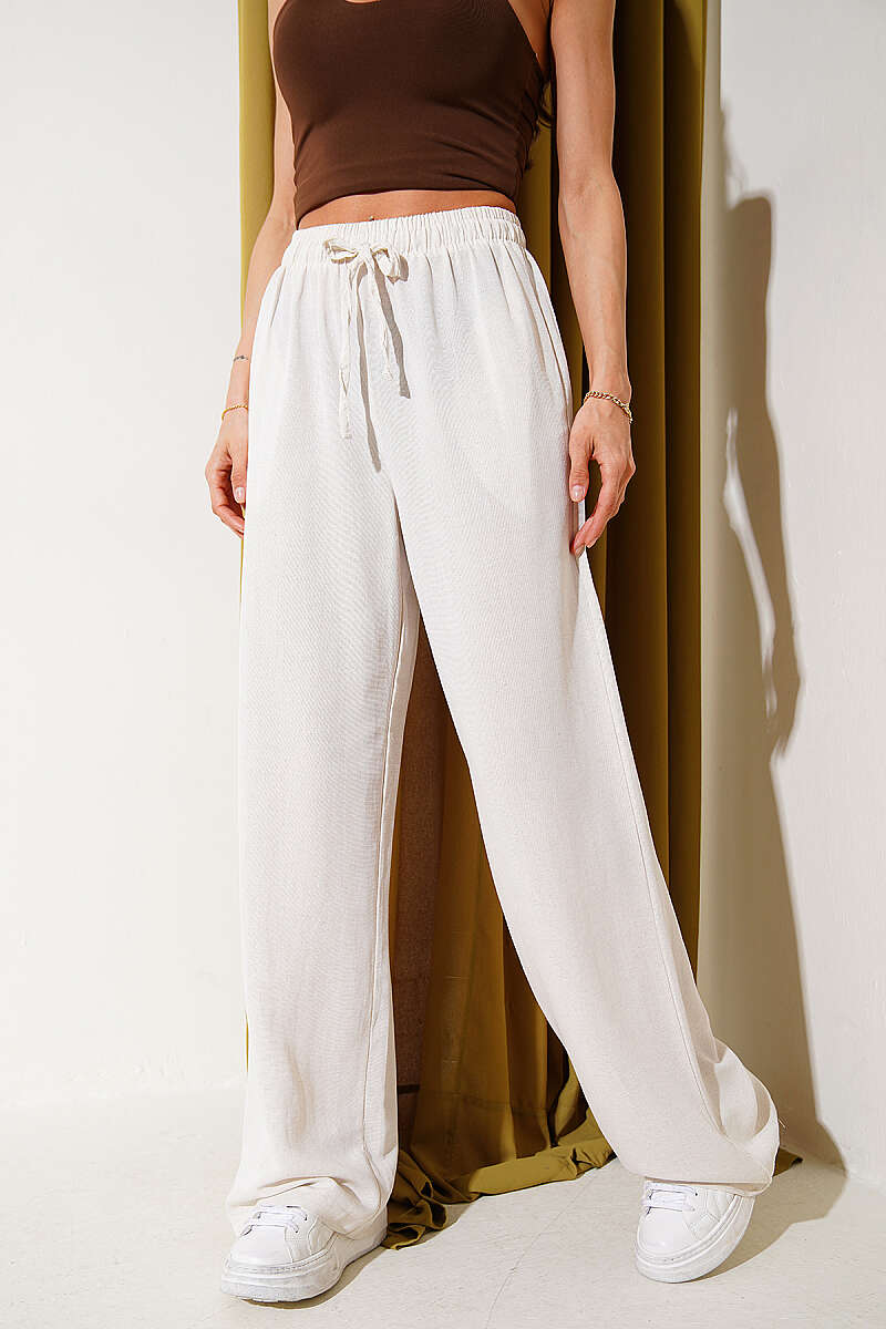 Wide-Leg Linen Trousers with Elastic Waist - Beige