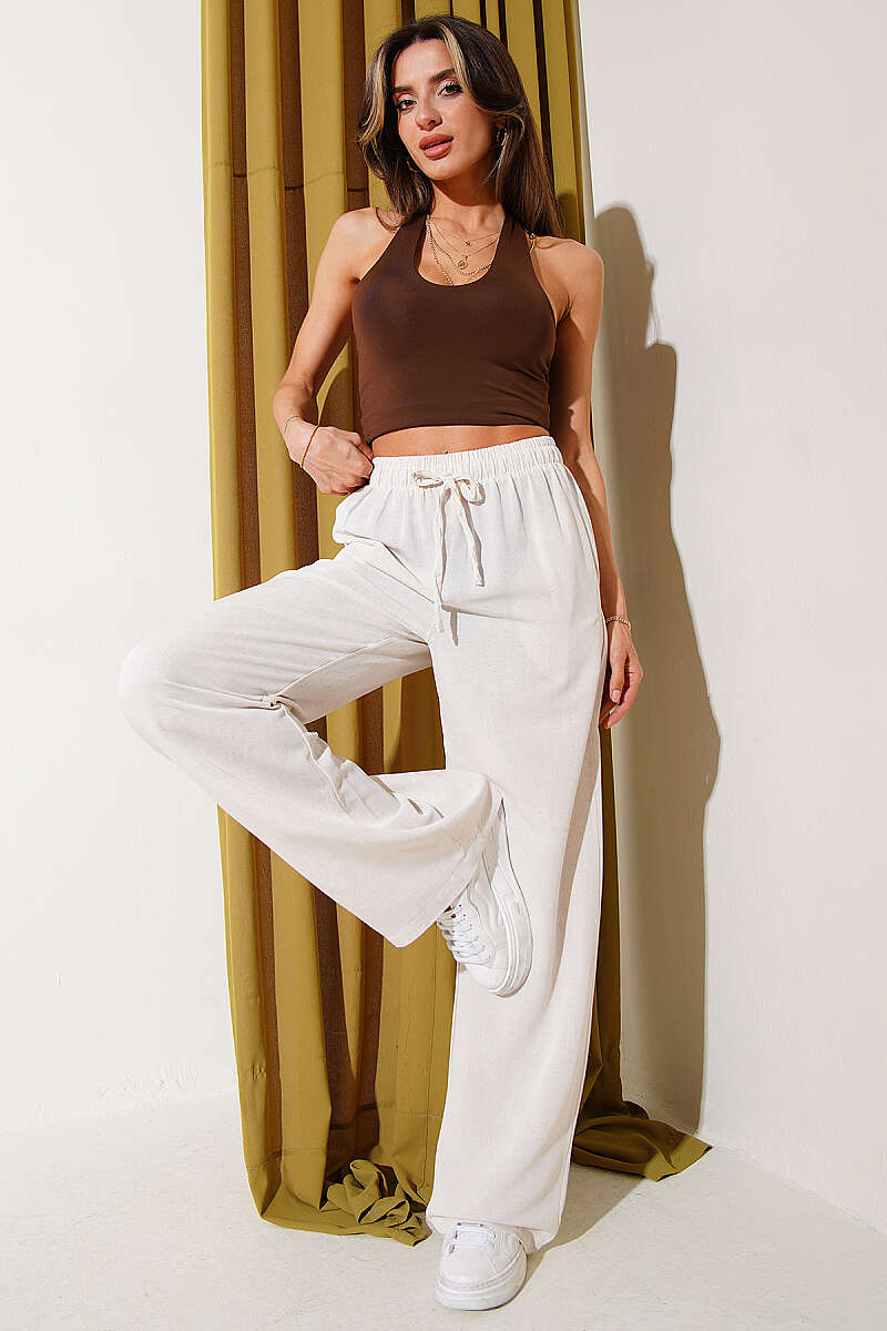 Wide-Leg Linen Trousers with Elastic Waist - Beige