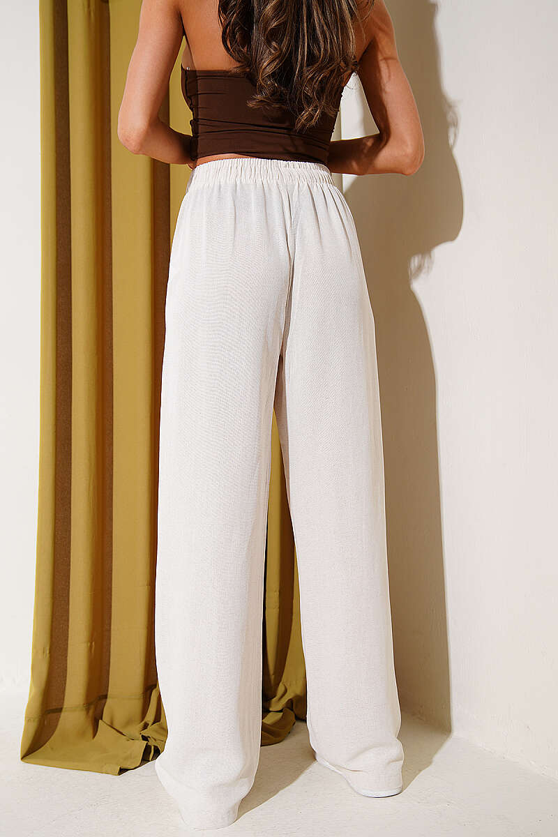 Wide-Leg Linen Trousers with Elastic Waist - Beige