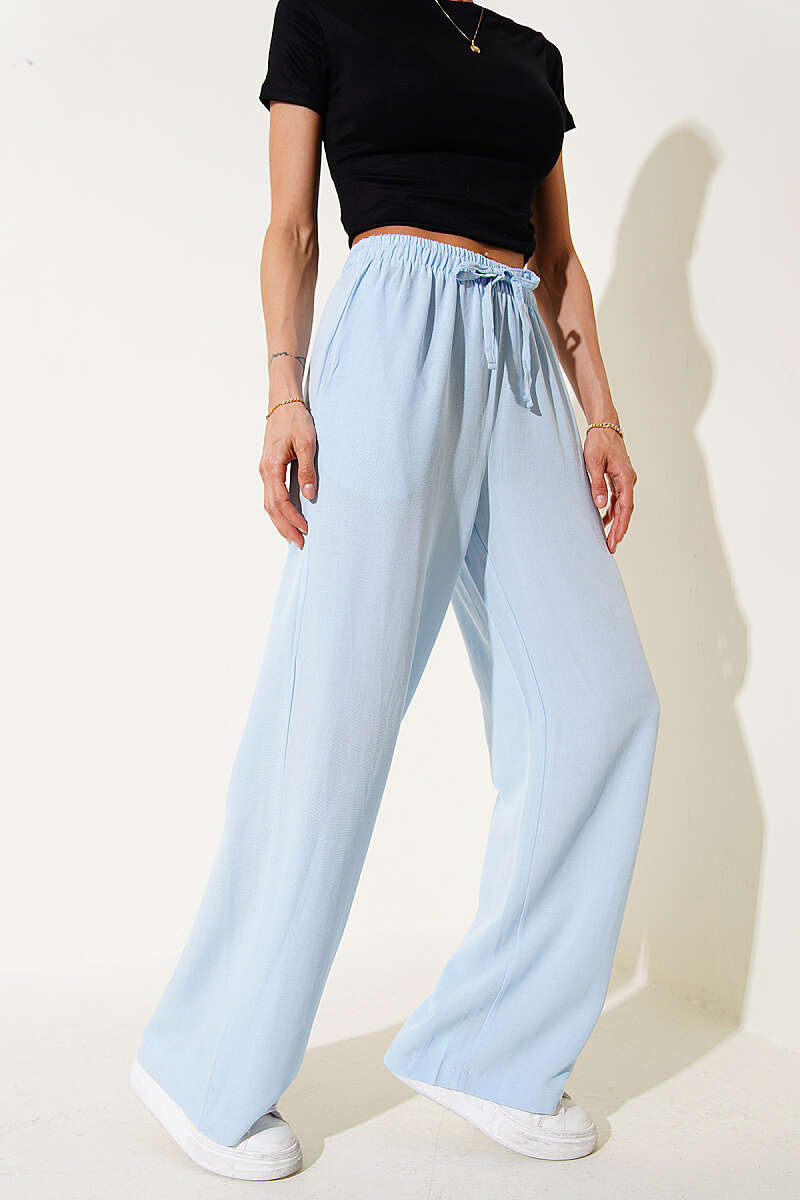Wide-Leg Linen Trousers with Elastic Waist - Ice Blue