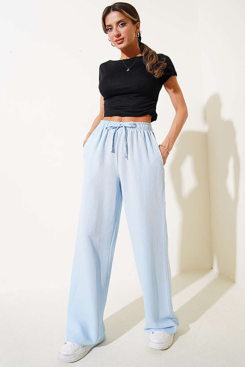 Wide-Leg Linen Trousers with Elastic Waist - Ice Blue
