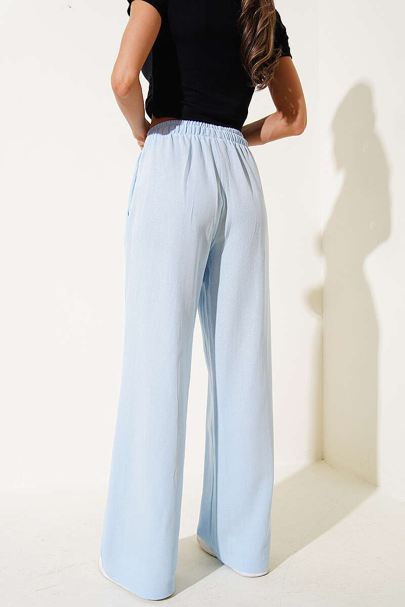 Wide-Leg Linen Trousers with Elastic Waist - Ice Blue