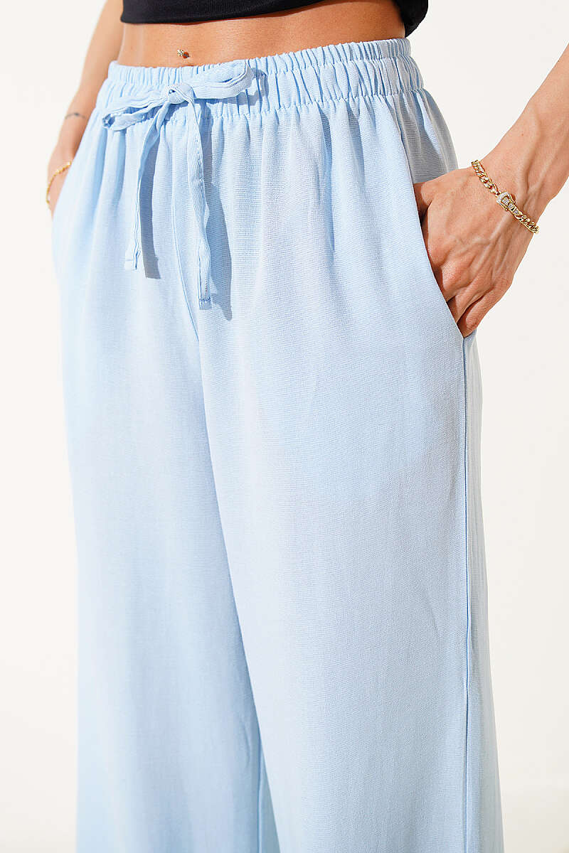 Wide-Leg Linen Trousers with Elastic Waist - Ice Blue
