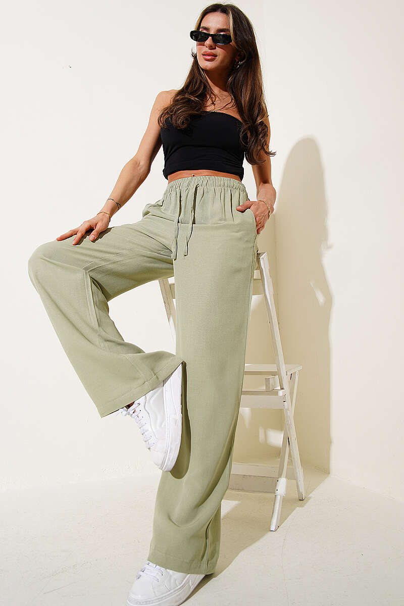 Wide-Leg Linen Trousers with Elastic Waist - Almond Green