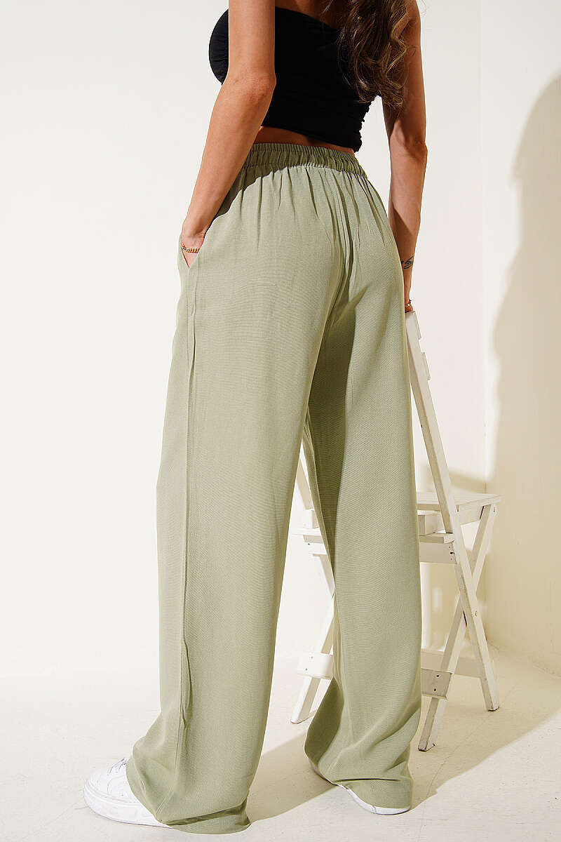 Wide-Leg Linen Trousers with Elastic Waist - Almond Green