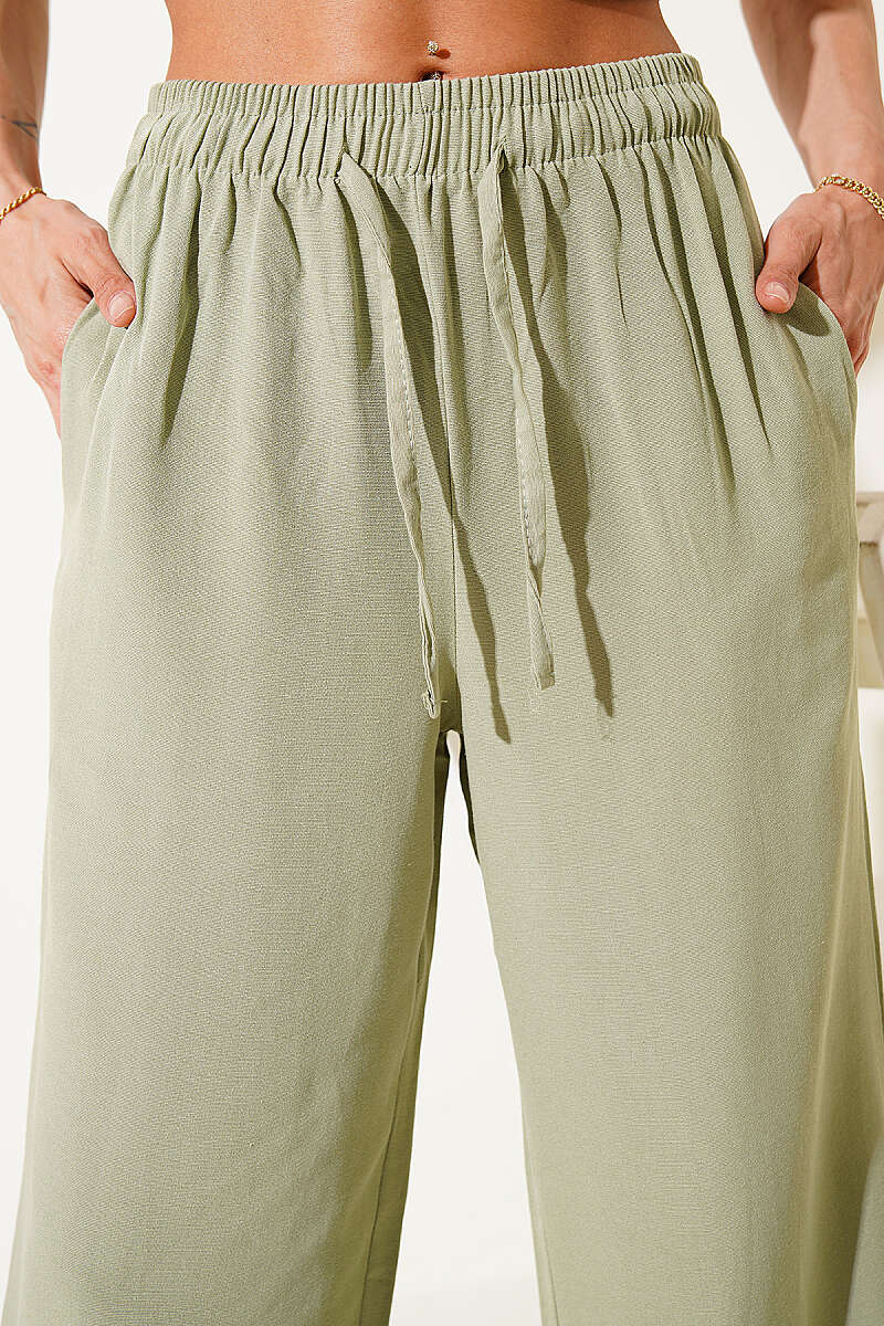 Wide-Leg Linen Trousers with Elastic Waist - Almond Green