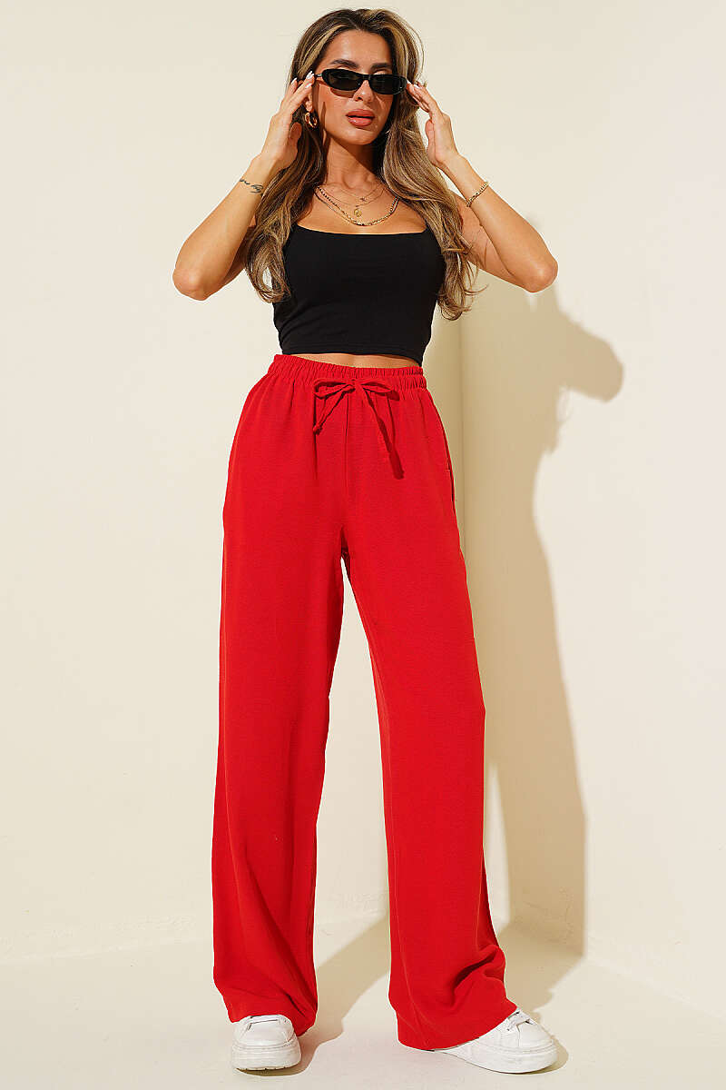 Wide-Leg Linen Trousers with Elastic Waist - Red