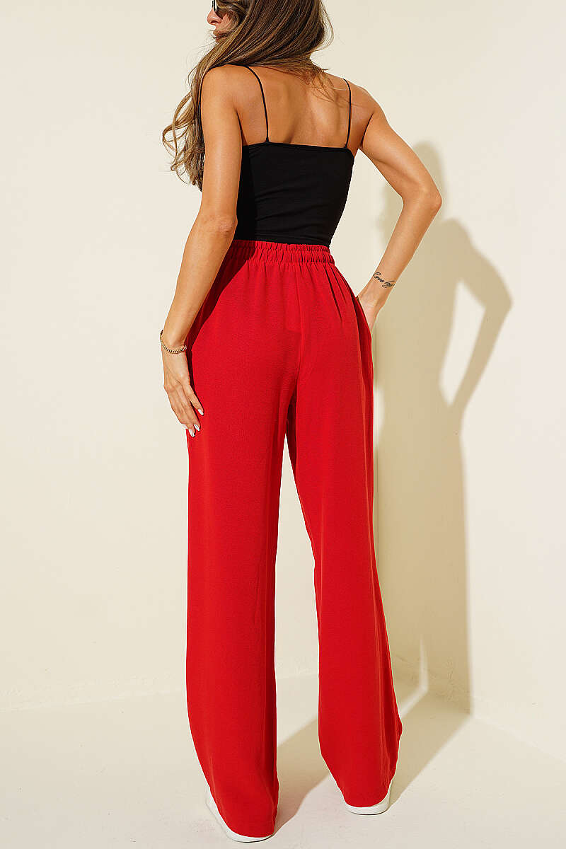 Wide-Leg Linen Trousers with Elastic Waist - Red