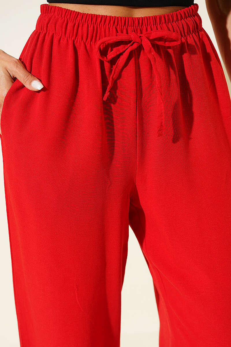 Wide-Leg Linen Trousers with Elastic Waist - Red