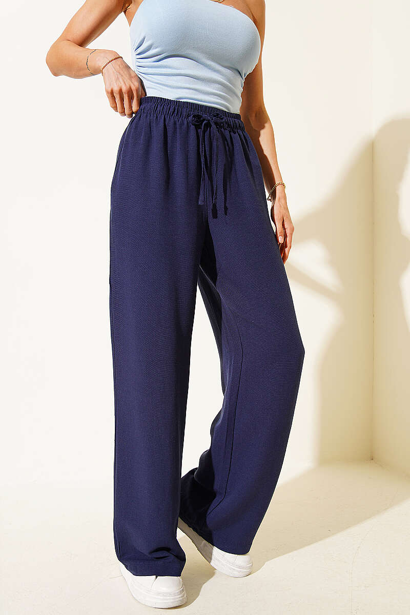 Wide-Leg Linen Trousers with Elastic Waist - Navy