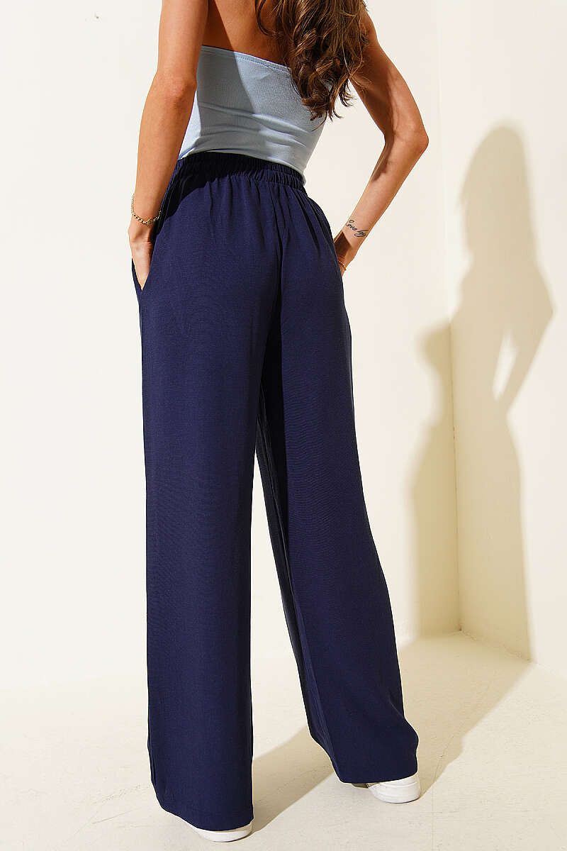 Wide-Leg Linen Trousers with Elastic Waist - Navy