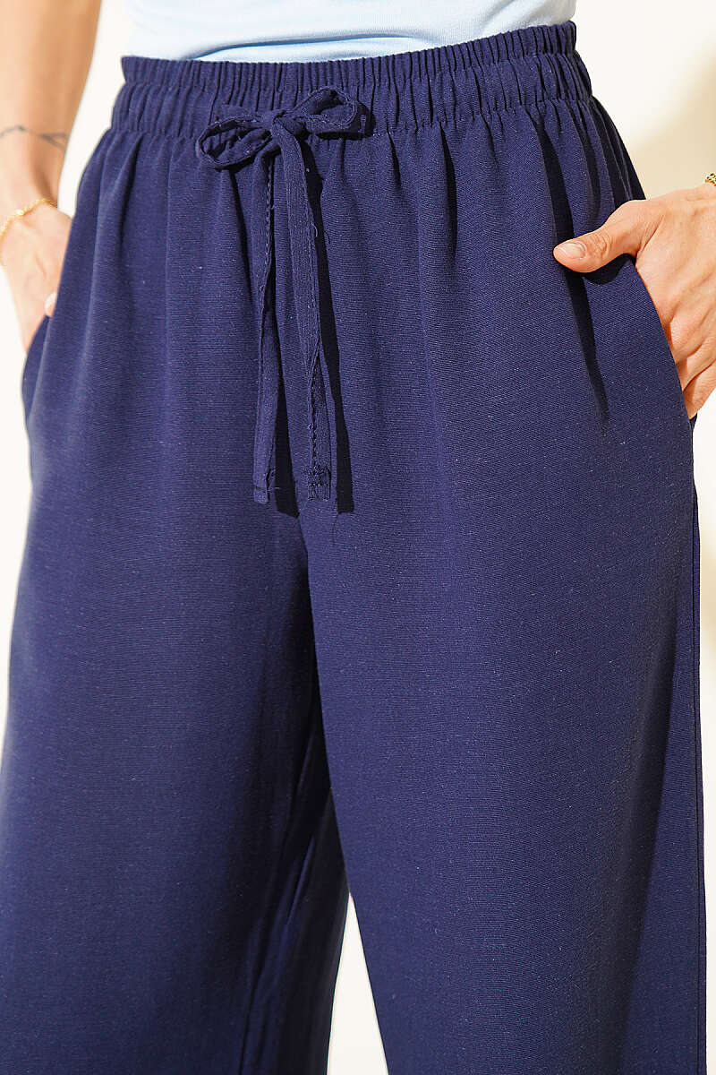 Wide-Leg Linen Trousers with Elastic Waist - Navy