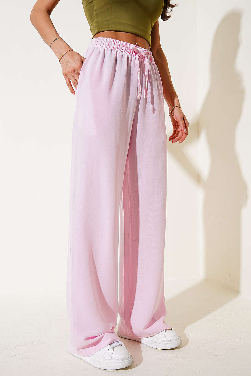 Wide-Leg Linen Trousers with Elastic Waist - Pink