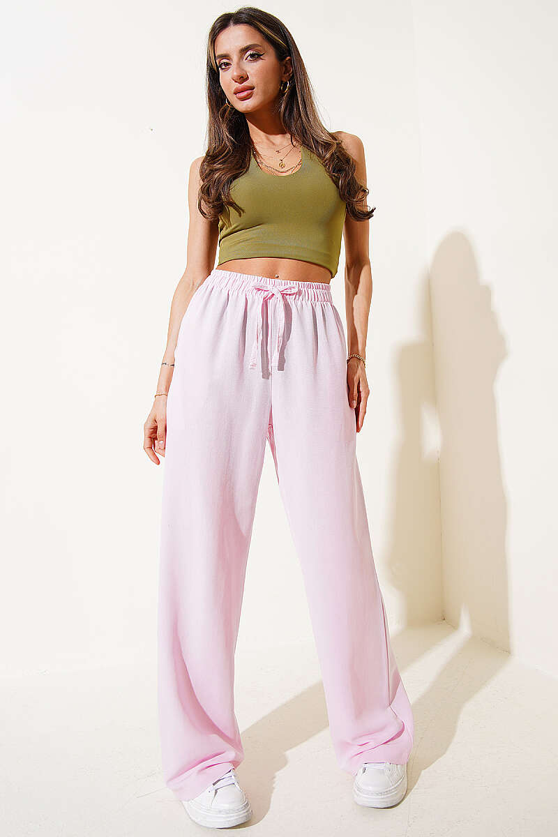 Wide-Leg Linen Trousers with Elastic Waist - Pink