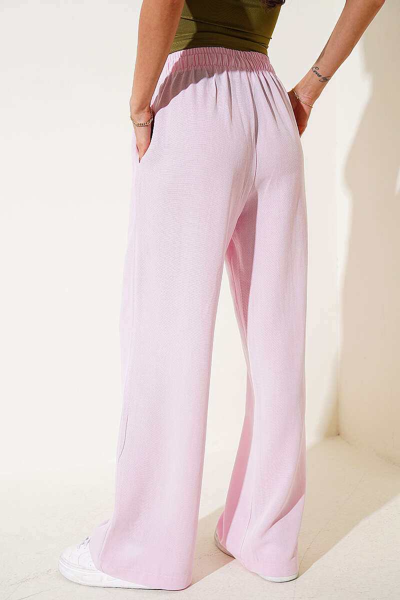 Wide-Leg Linen Trousers with Elastic Waist - Pink