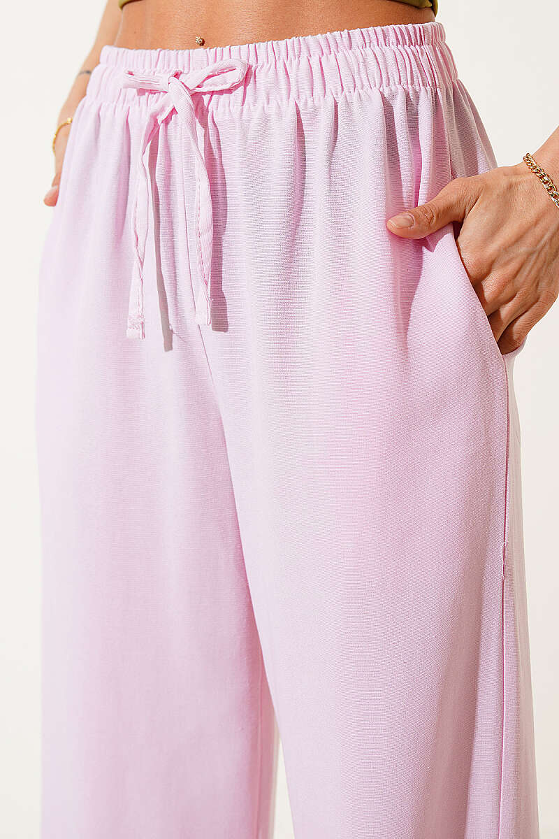 Wide-Leg Linen Trousers with Elastic Waist - Pink