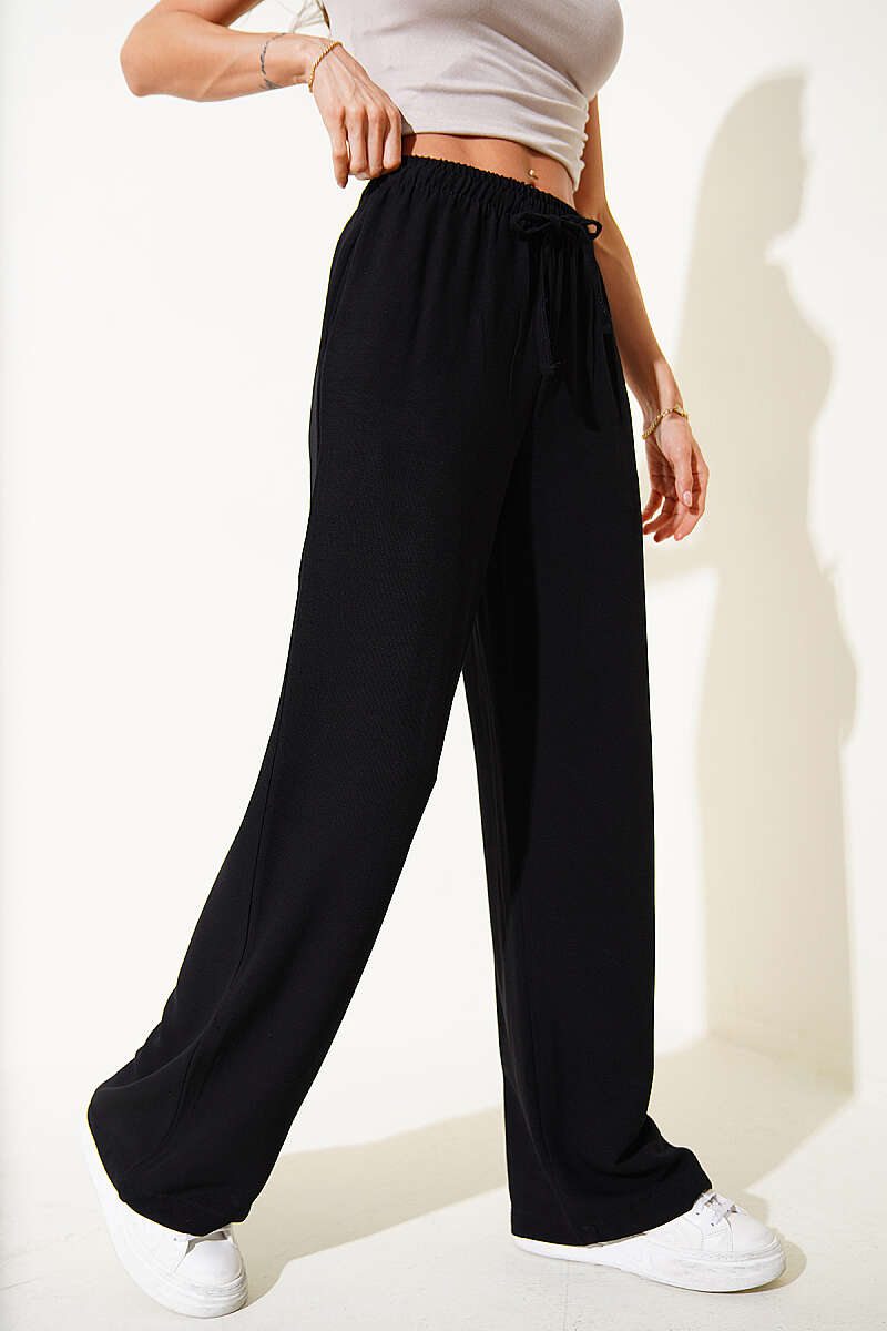 Wide-Leg Linen Trousers with Elastic Waist - Black