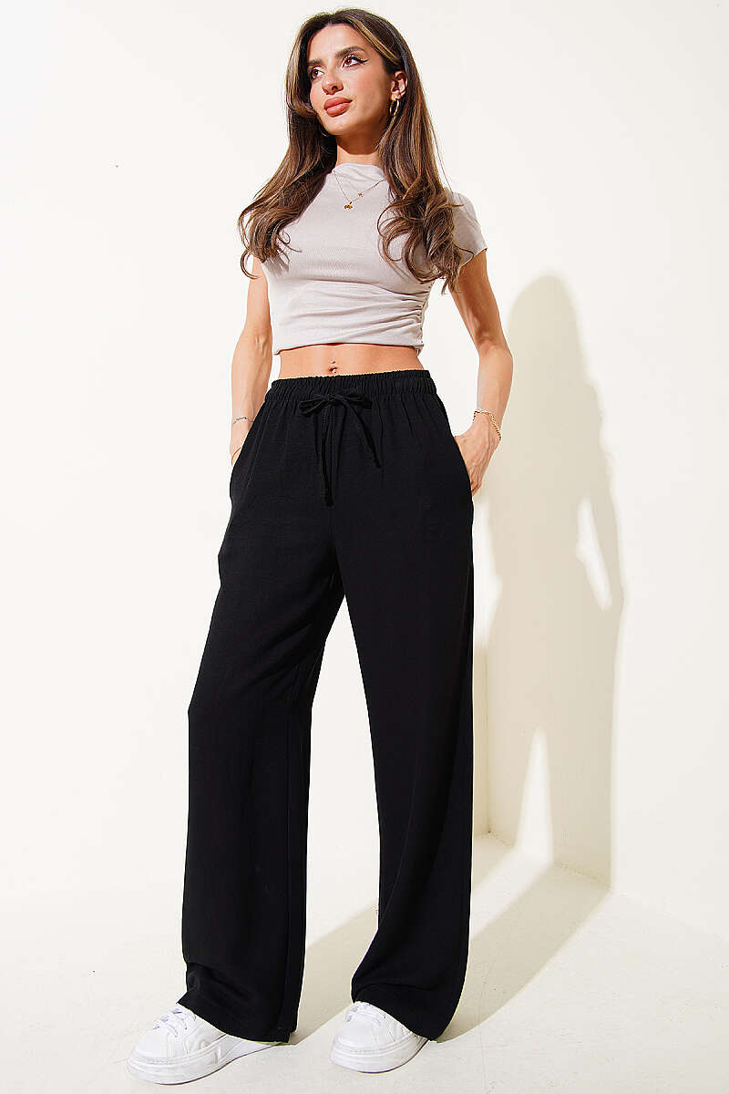 Wide-Leg Linen Trousers with Elastic Waist - Black