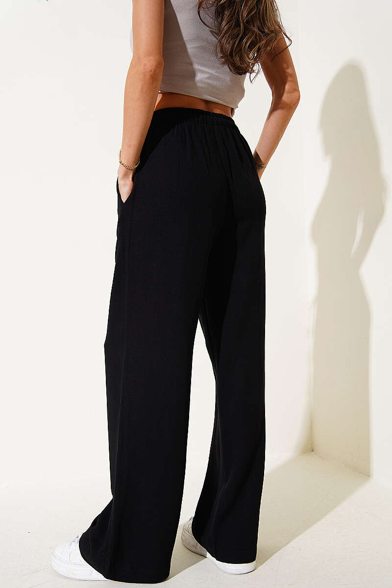Wide-Leg Linen Trousers with Elastic Waist - Black