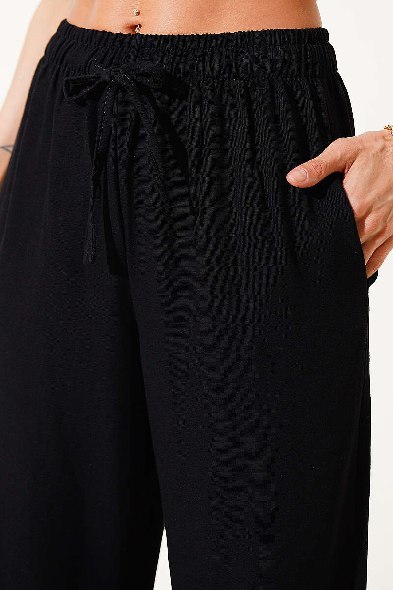 Wide-Leg Linen Trousers with Elastic Waist - Black