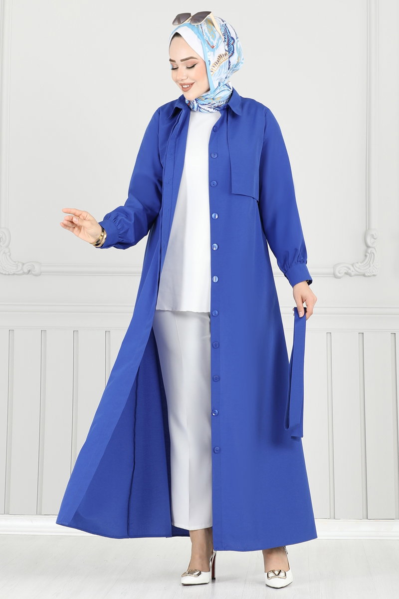 Poly-Cotton Abaya Coat with Bolero Detail - Saxe Blue