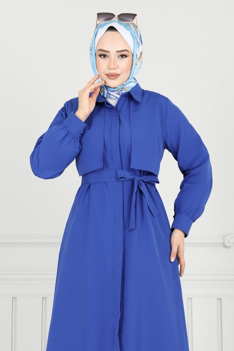 Poly-Cotton Abaya Coat with Bolero Detail - Saxe Blue