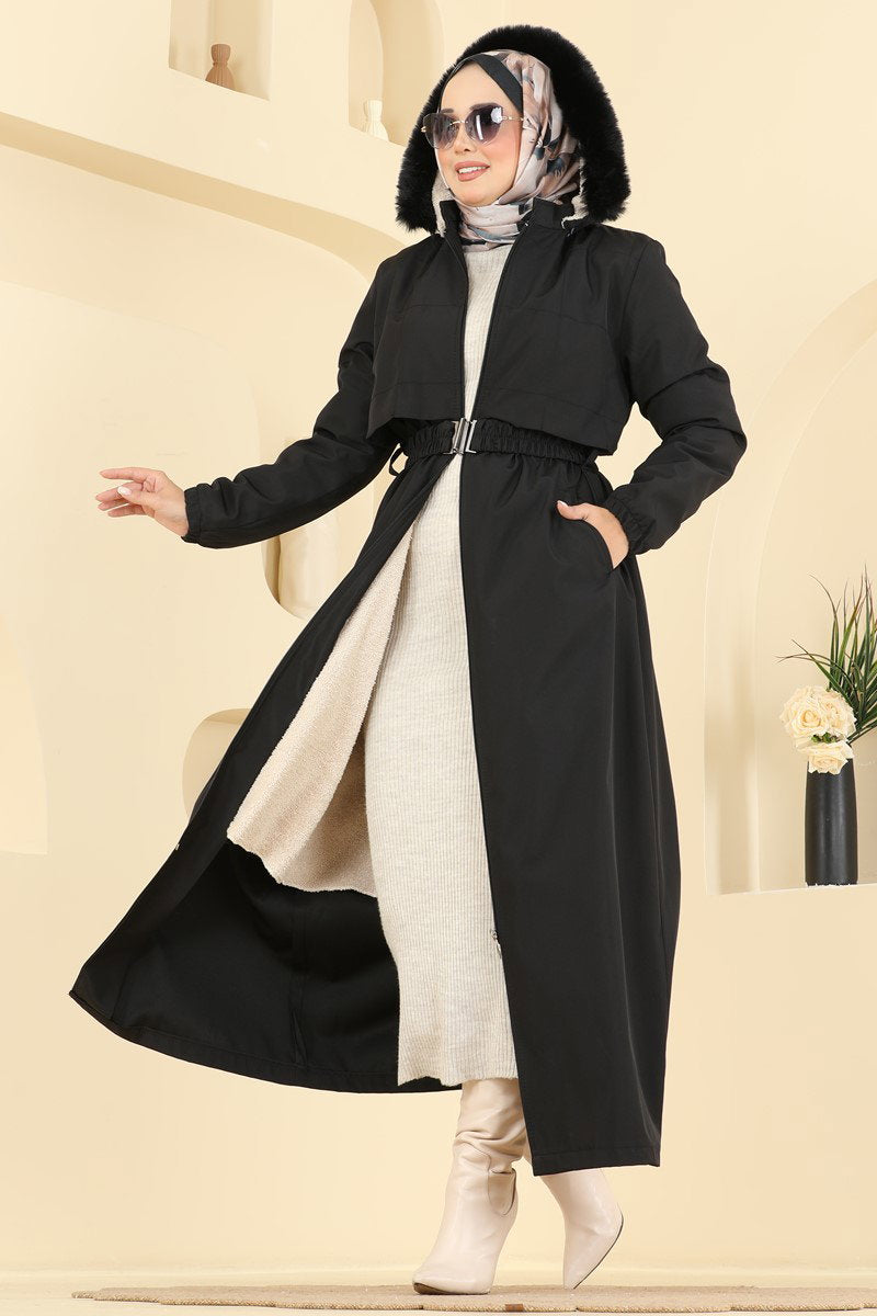 Fur-Lined Coat with Bolero Detail - Black
