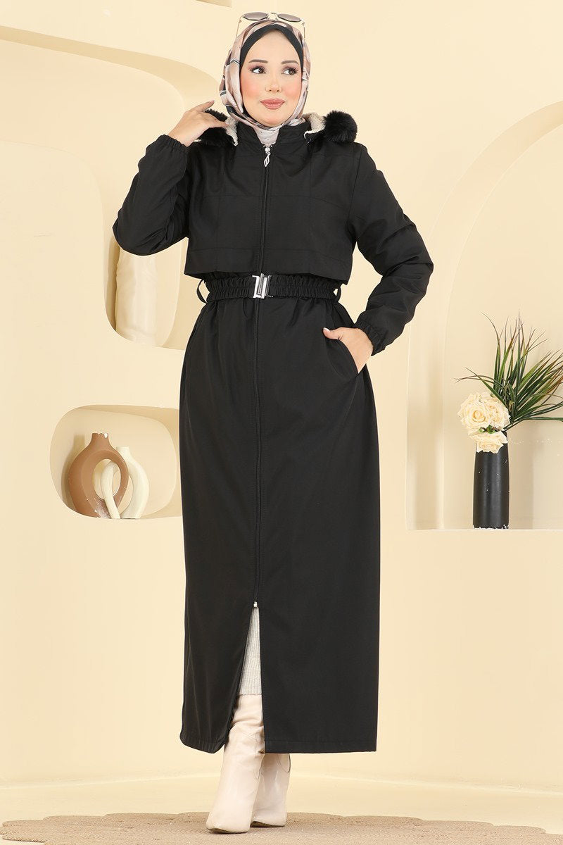 Fur-Lined Coat with Bolero Detail - Black
