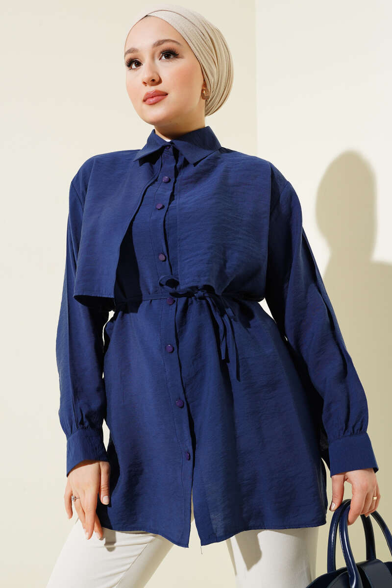 Tencel Shirt with Bolero and Cord Belt - Navy