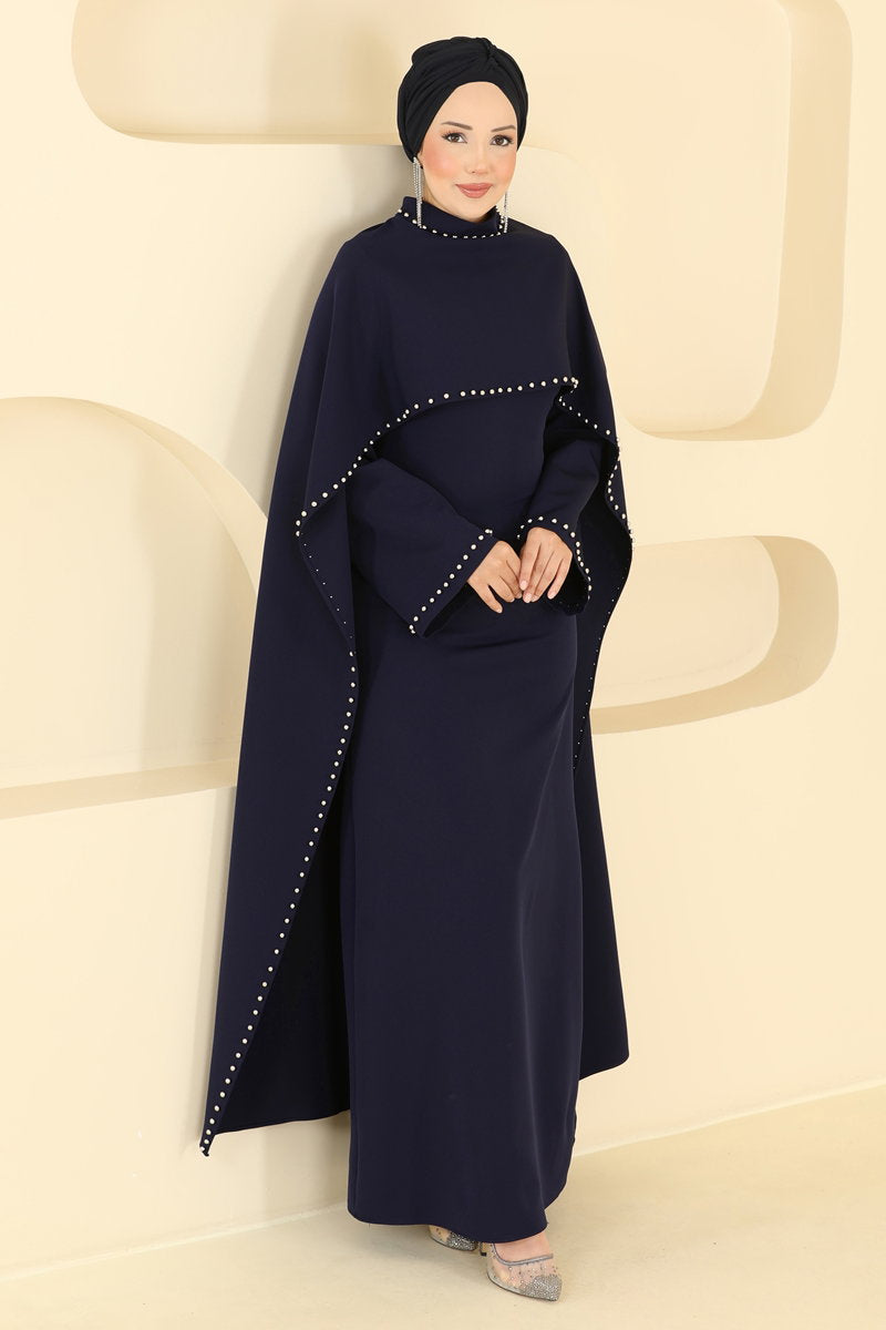 Beaded Evening Dress with Cape - Navy