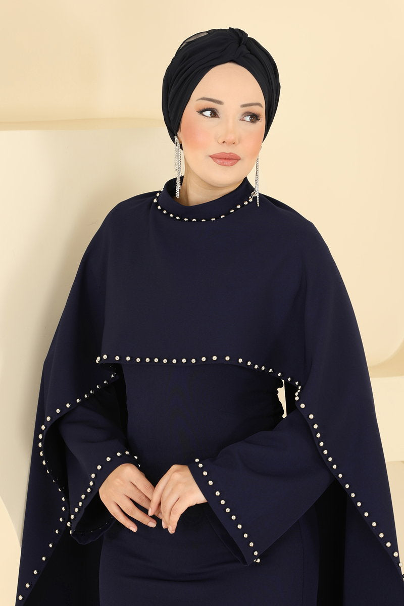 Beaded Evening Dress with Cape - Navy
