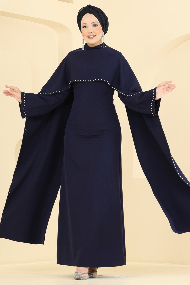Beaded Evening Dress with Cape - Navy