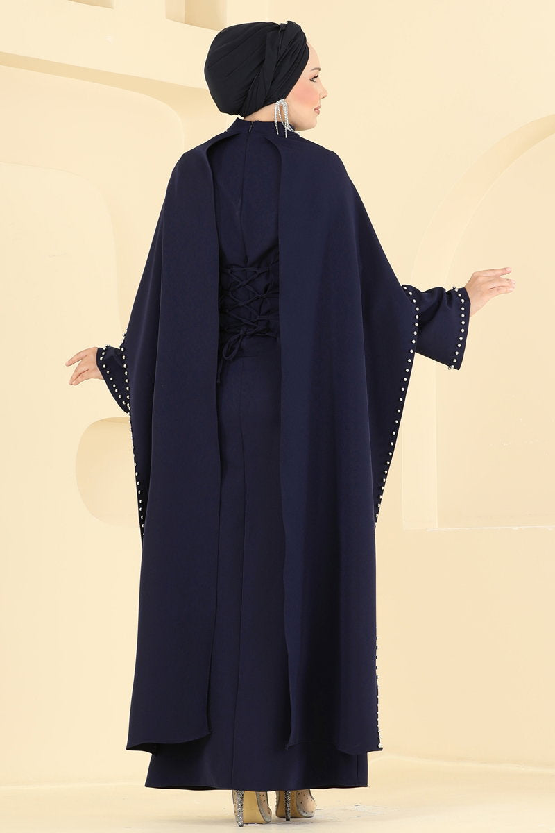 Beaded Evening Dress with Cape - Navy