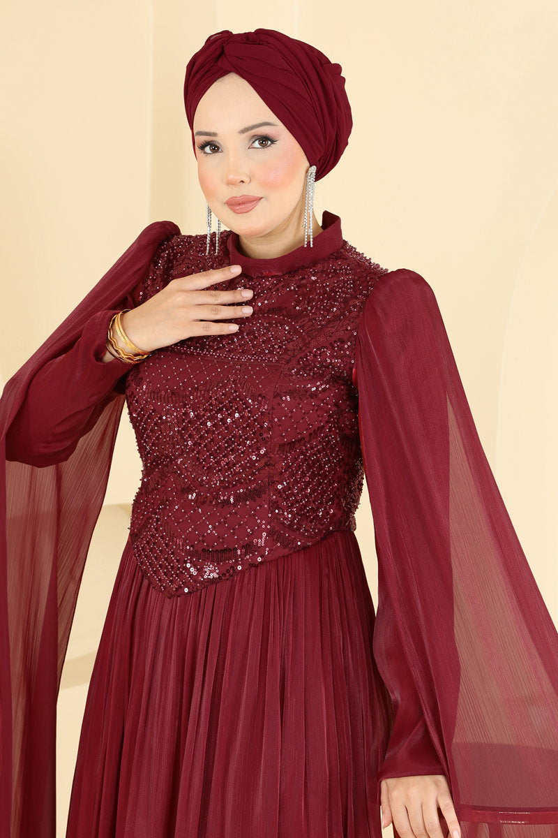 Beaded Organza Evening Dress - Burgundy