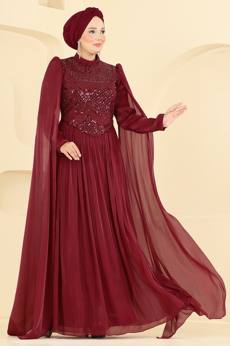 Beaded Organza Evening Dress - Burgundy