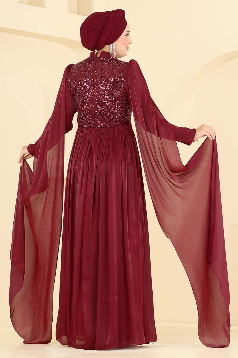 Beaded Organza Evening Dress - Burgundy