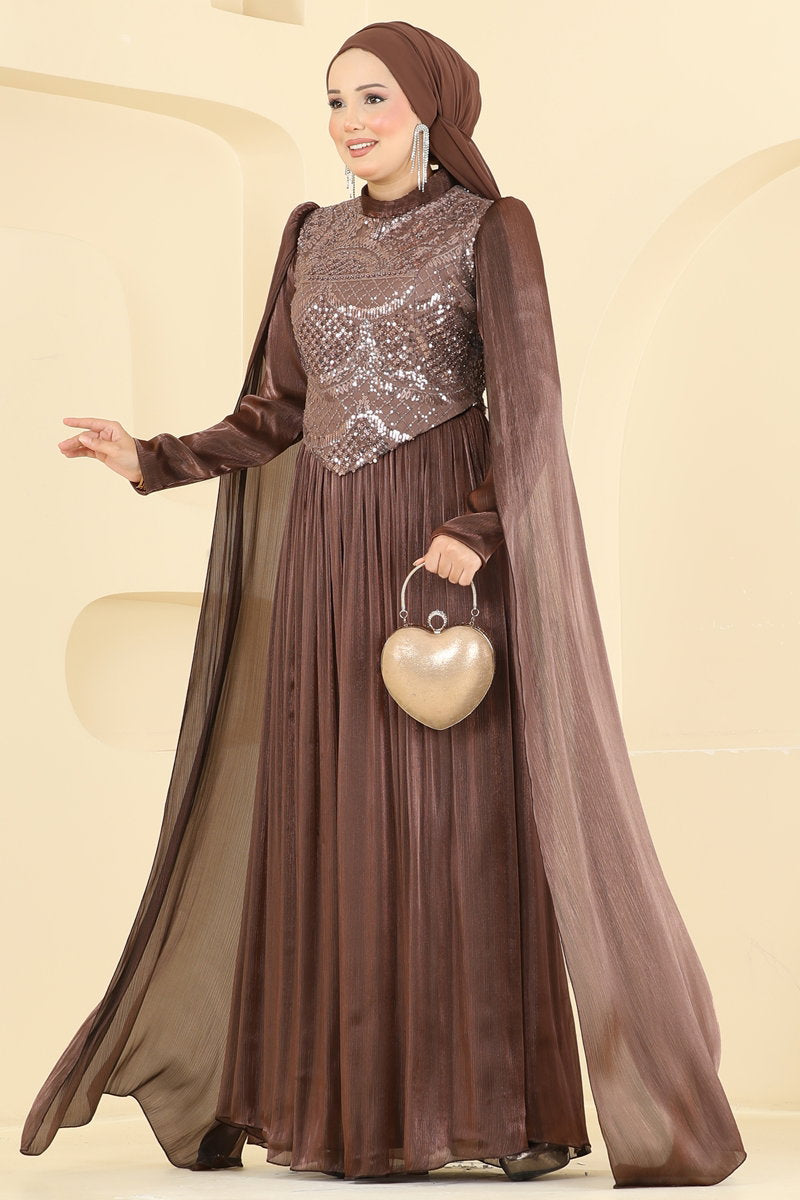 Beaded Organza Evening Dress - Brown