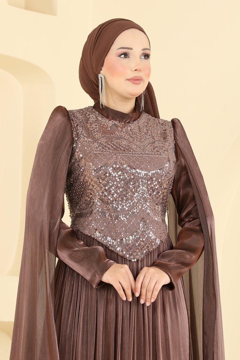 Beaded Organza Evening Dress - Brown