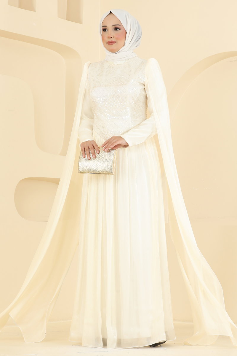 Beaded Organza Evening Dress - Bone