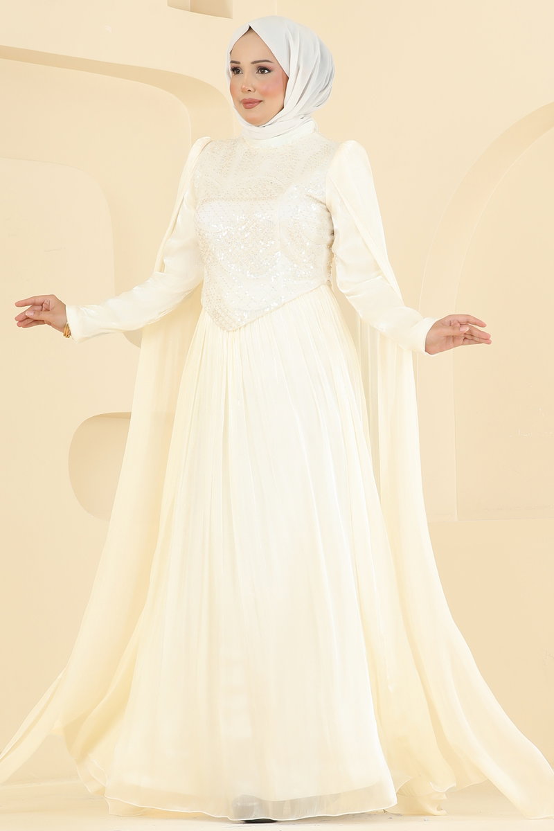 Beaded Organza Evening Dress - Bone