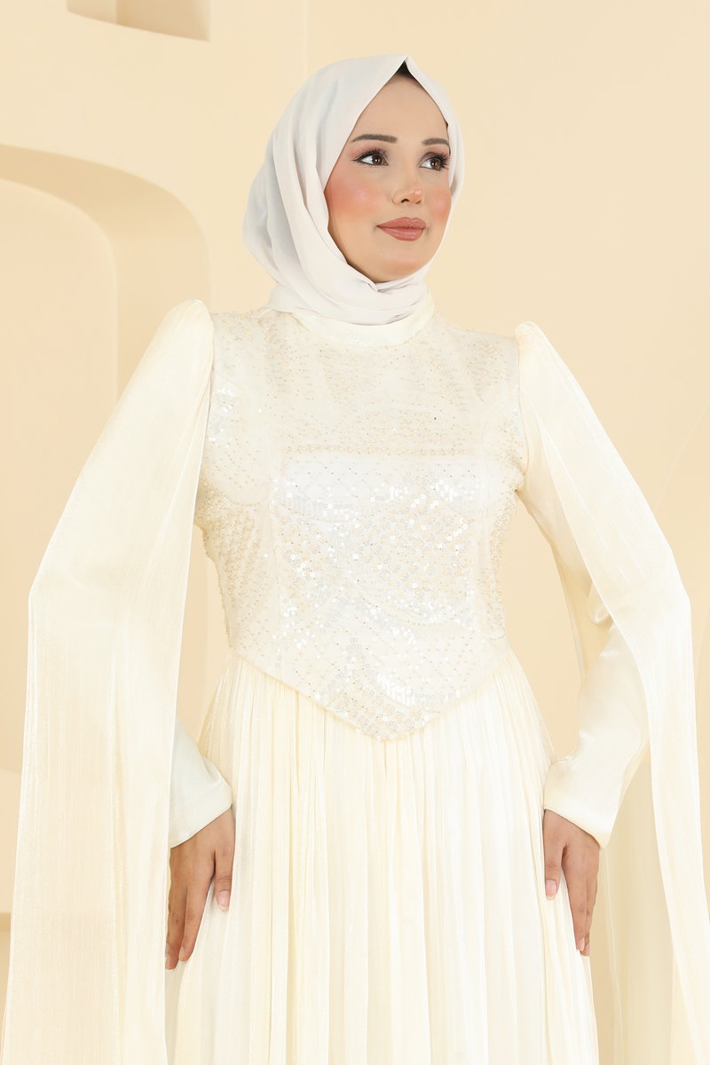 Beaded Organza Evening Dress - Bone
