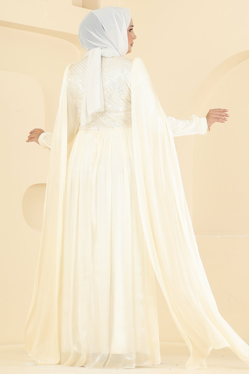 Beaded Organza Evening Dress - Bone