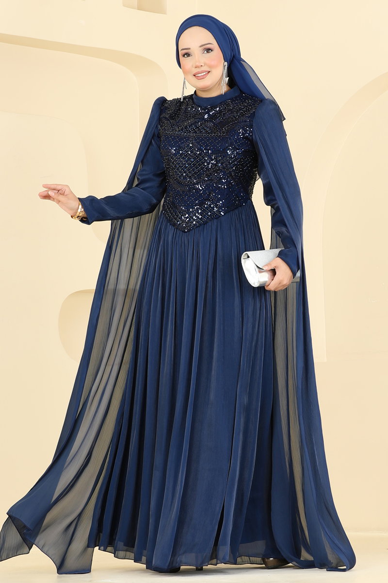 Beaded Organza Evening Dress - Navy