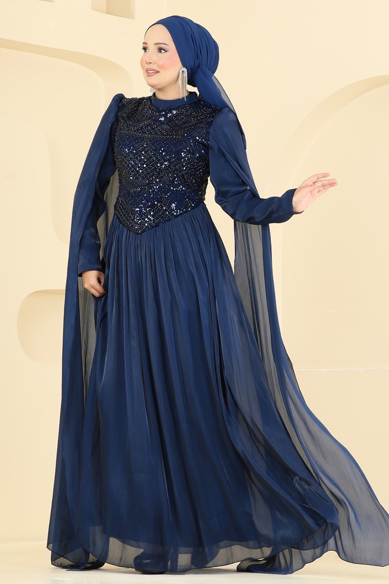 Beaded Organza Evening Dress - Navy